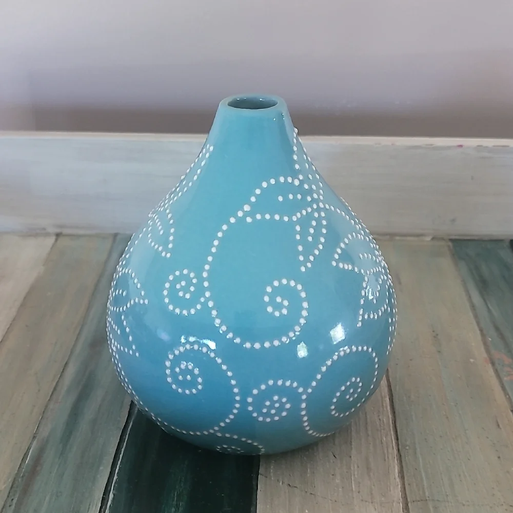Crate&Barrel Teal Vase with White Dotted Floral Pattern